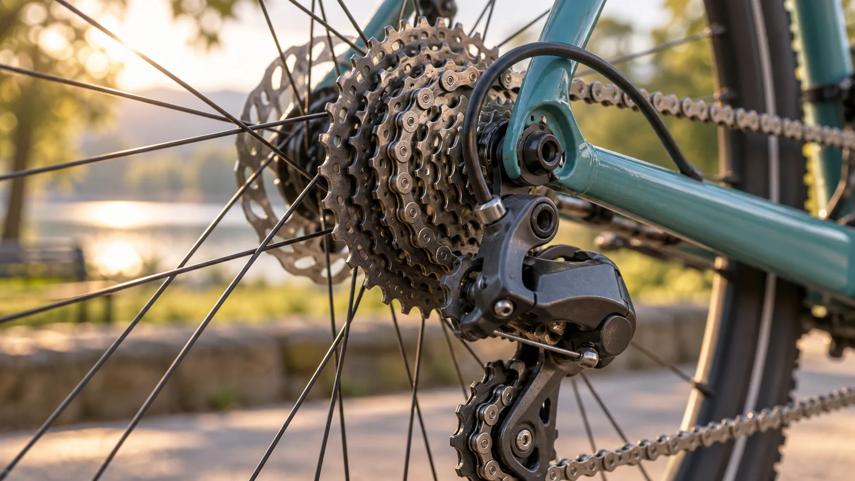 A close view of a bicycle cassette, chain and derailleur.