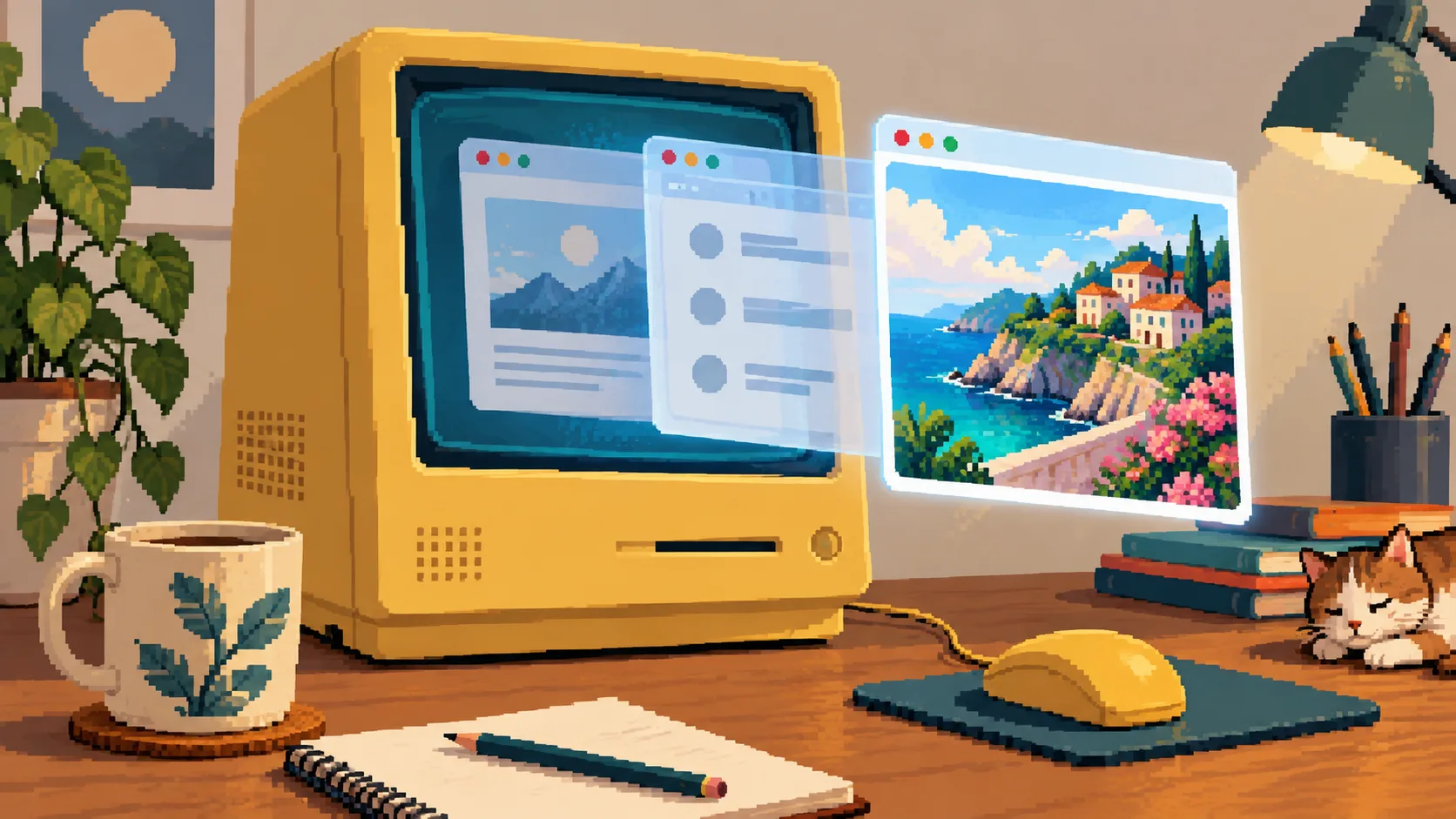 Pixel art of a retro computer and browser windows