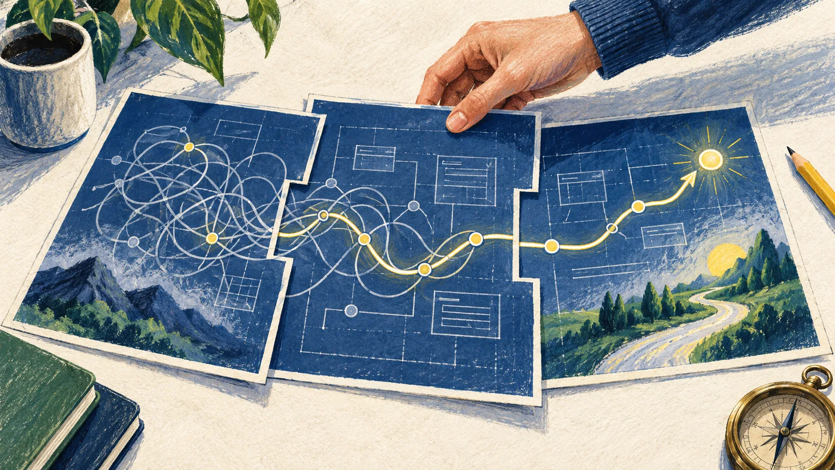 A hand-drawn illustration of scattered plans becoming a clear path