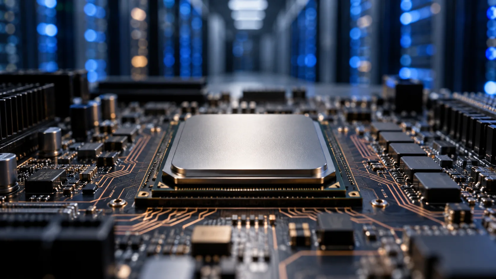 An AI-generated illustration of a processor and server infrastructure