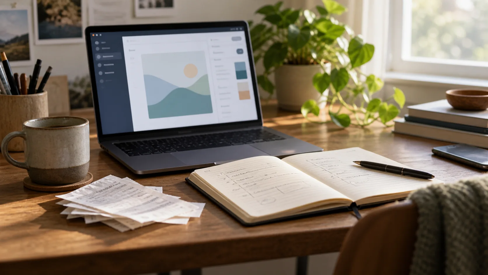 An illustrated independent creator’s laptop, planning notebook and receipts
