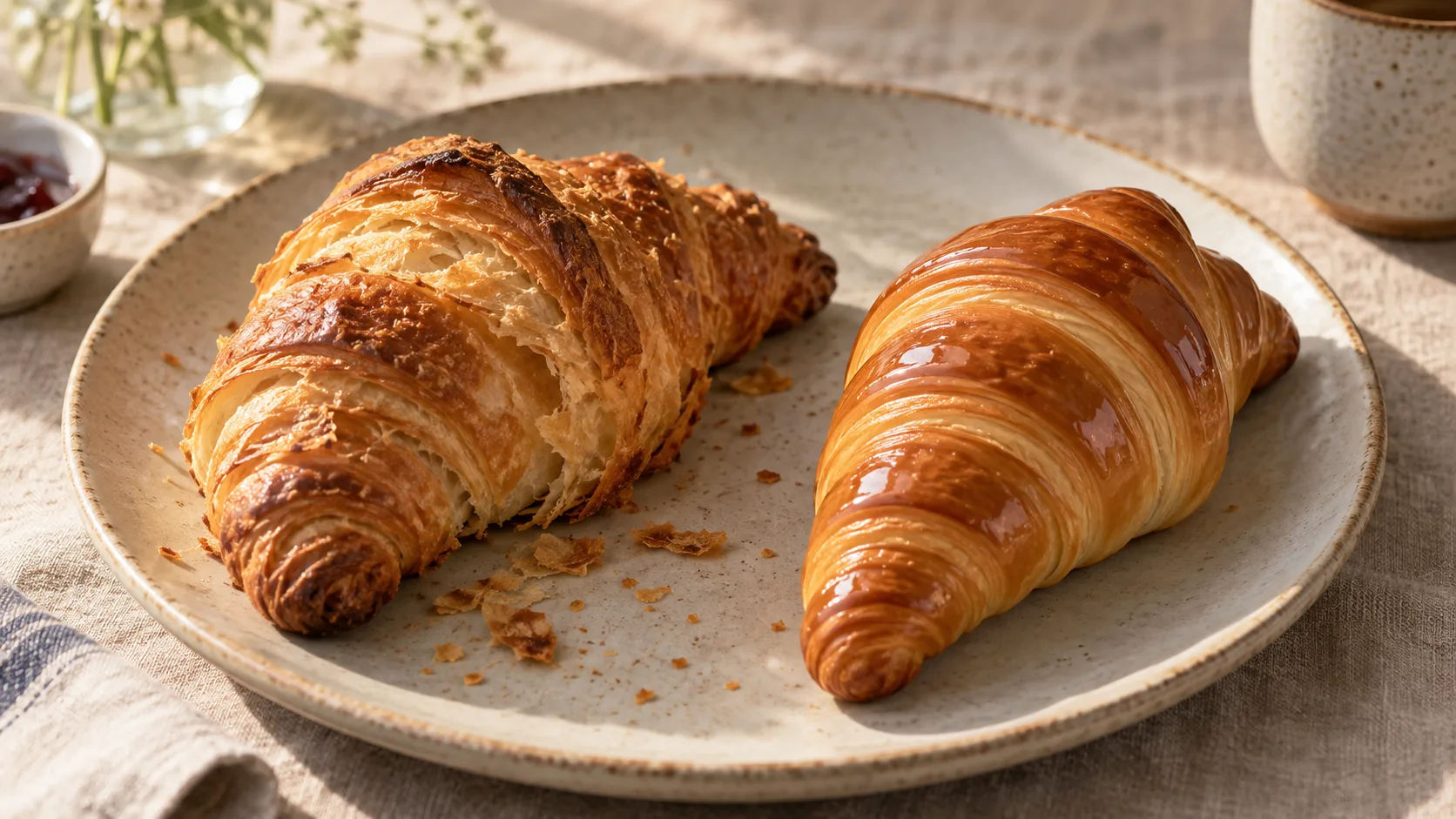 A conceptual illustration contrasting flaky and overly smooth croissants