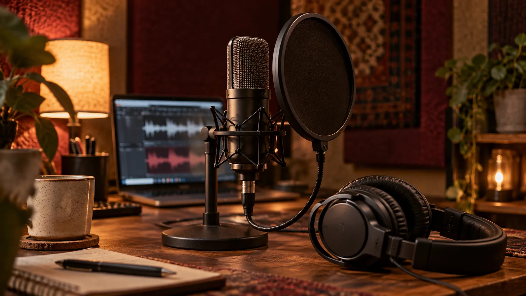 An AI-generated illustration of a microphone, headphones and recording studio
