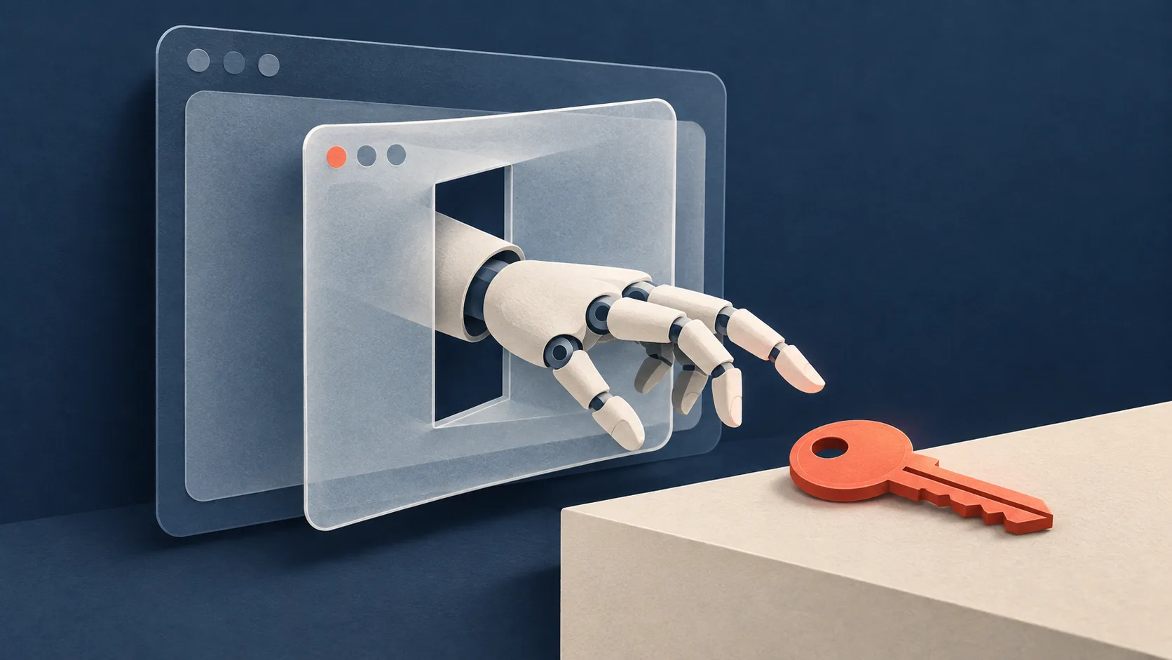 An illustrated mechanical hand crossing a software window toward a key