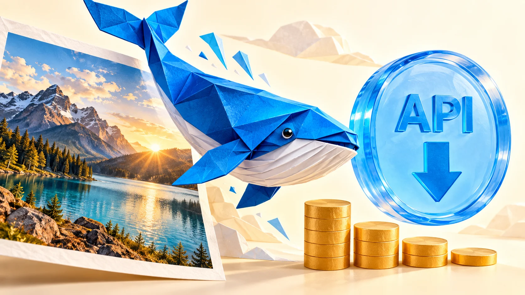 A blue paper whale, image and falling API-cost motif represent image inputs and lower prices