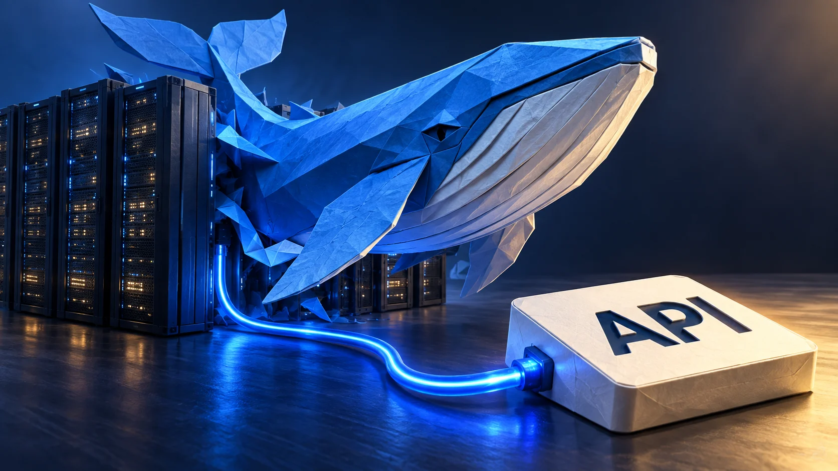 A blue paper whale connects server racks and an API tile, illustrating model access through a computing service