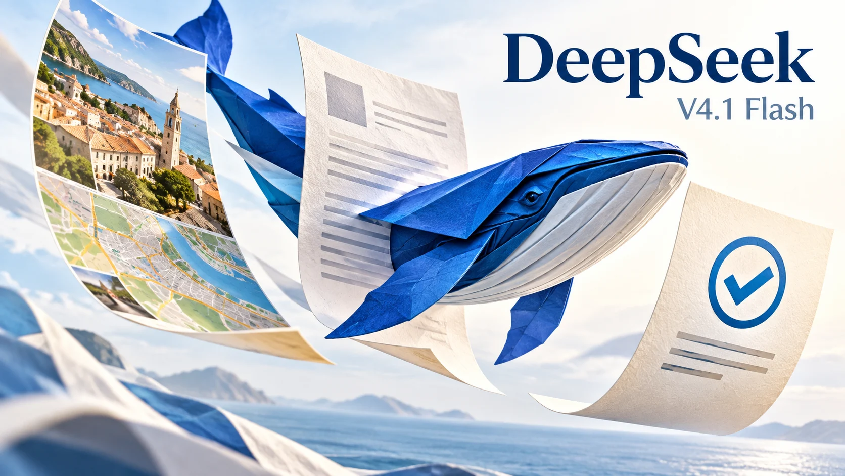 蓝色折纸鲸鱼与图片、文档和任务清单，表现 DeepSeek 的视觉输入与工具任务