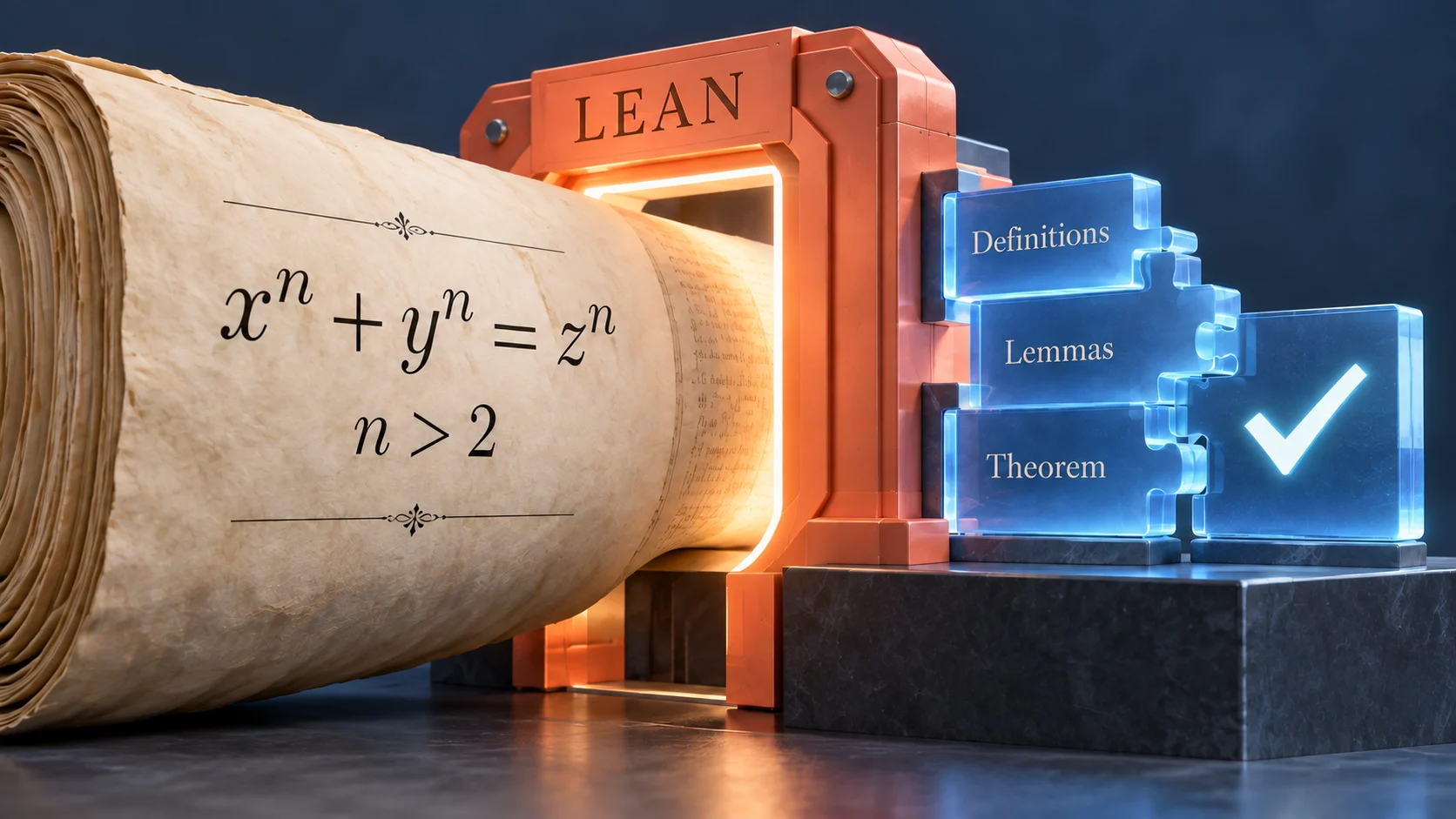 已有数学证明穿过 Lean 检查器，组成定义、引理和定理模块