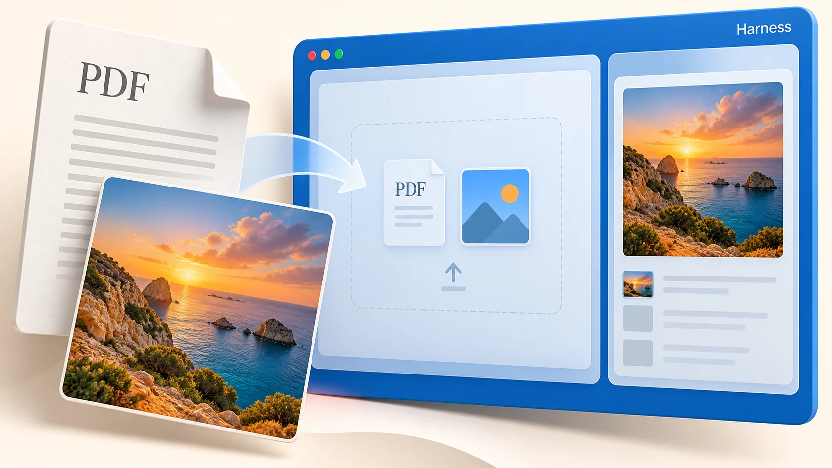 An image and PDF enter a workspace with a preview sidebar, illustrating Harness uploads and previews
