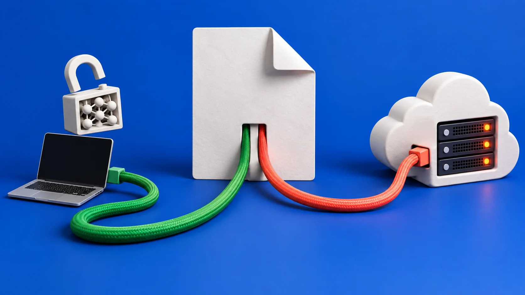 One document connects to a local laptop and a cloud server, distinguishing open weights from data routes