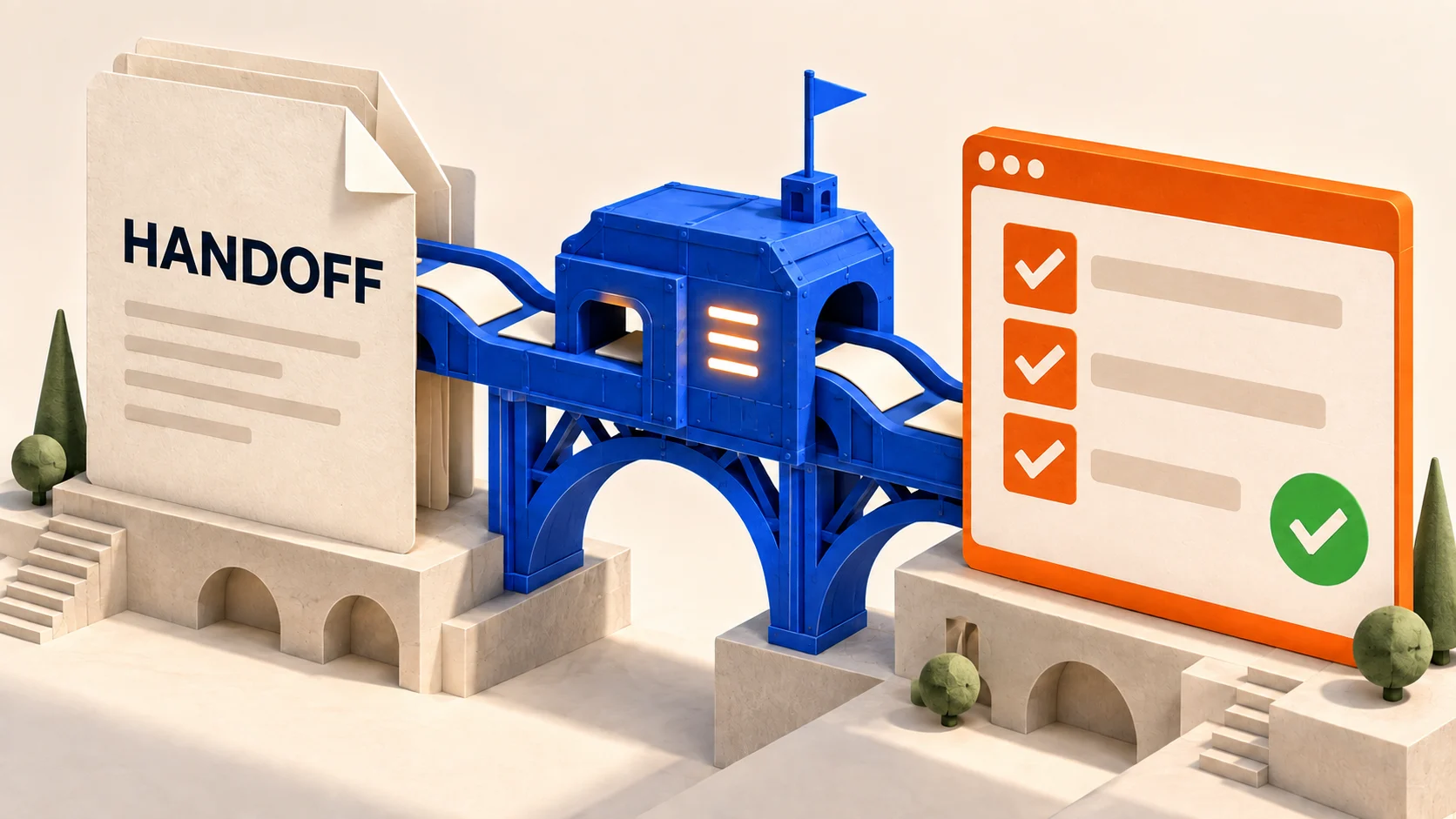 A handoff document connects across a bridge to a checkable project list