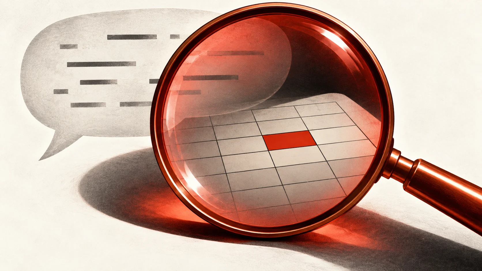 A reasoning bubble and spreadsheet occupy separate layers while a lens inspects an actual cell