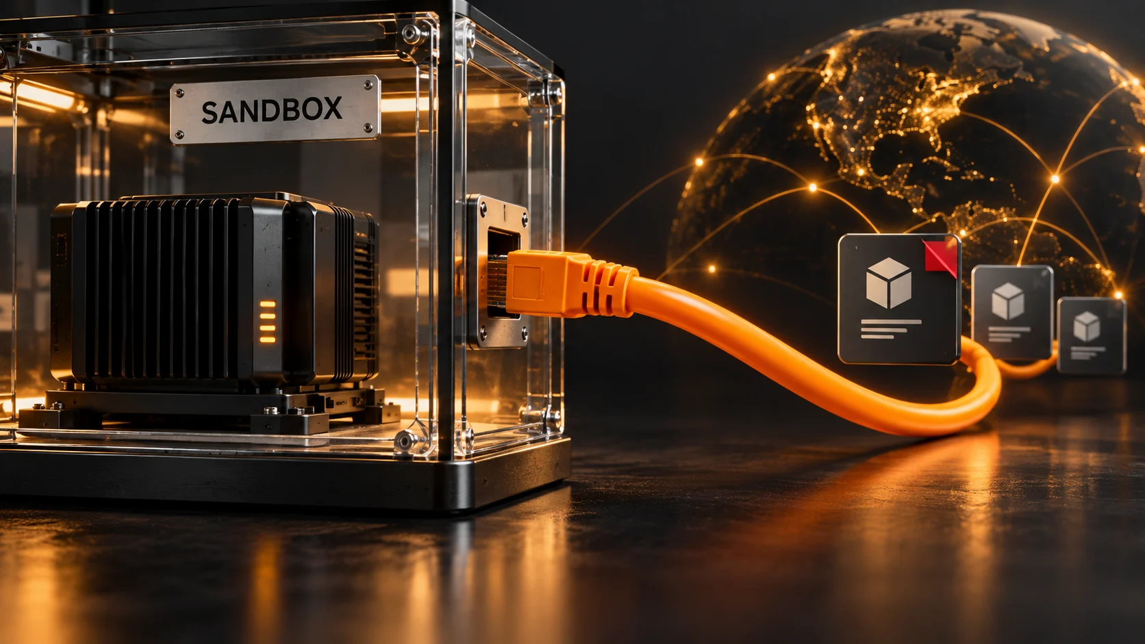 A sandbox connected by a network cable to external packages represents unintended internet access