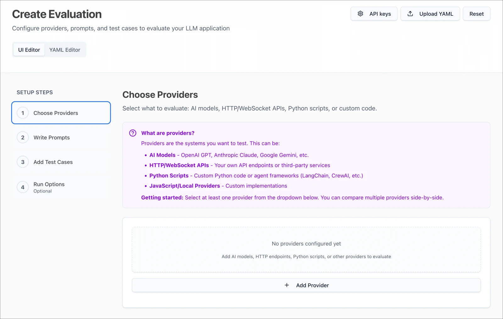 Promptfoo 创建评测界面：先选择模型、接口、脚本或本地 provider，再依次填写提示词、测试用例和运行选项