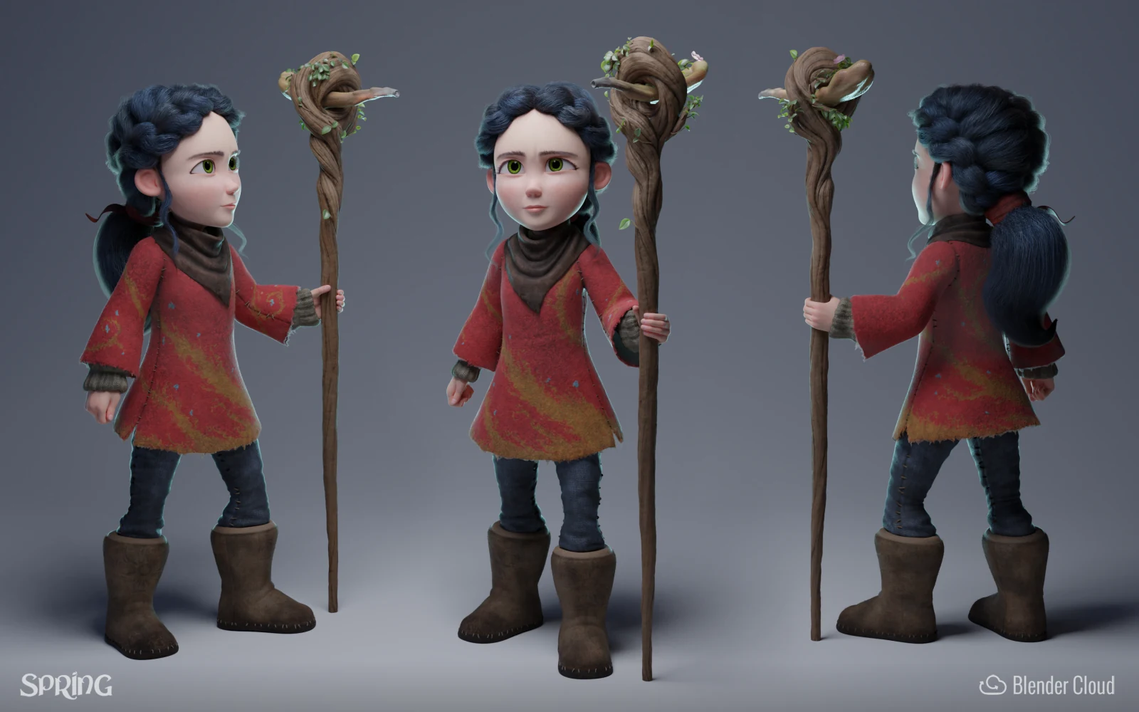 Blender Studio 开放电影《Spring》的正式角色转身稿,同一角色以左前、正面和右后视角展示固定发型、服装、靴子与木杖