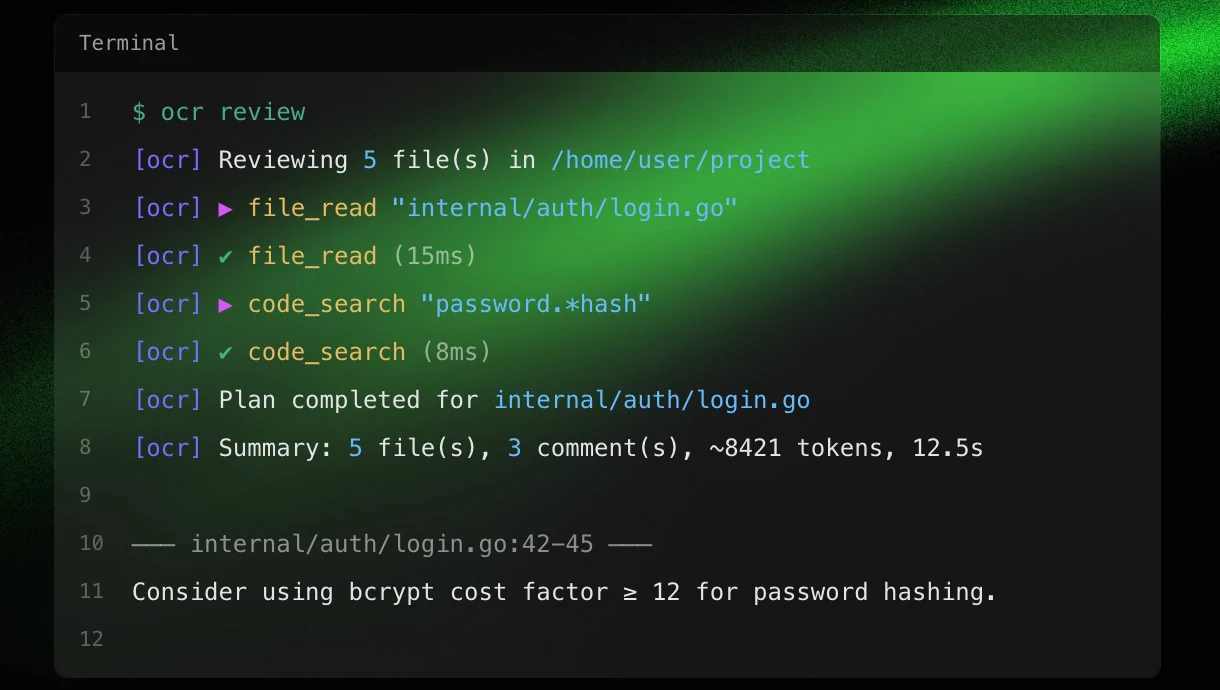 Open Code Review 固定版本项目方终端演示，显示扫描五个文件、生成三条评论并把一条建议定位到文件和行号