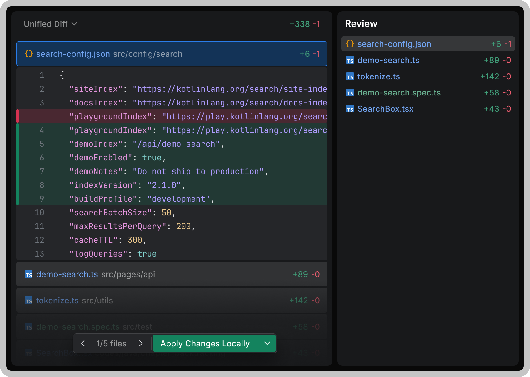 JetBrains Air 官方人工审阅界面，显示待确认的代码差异与文件列表