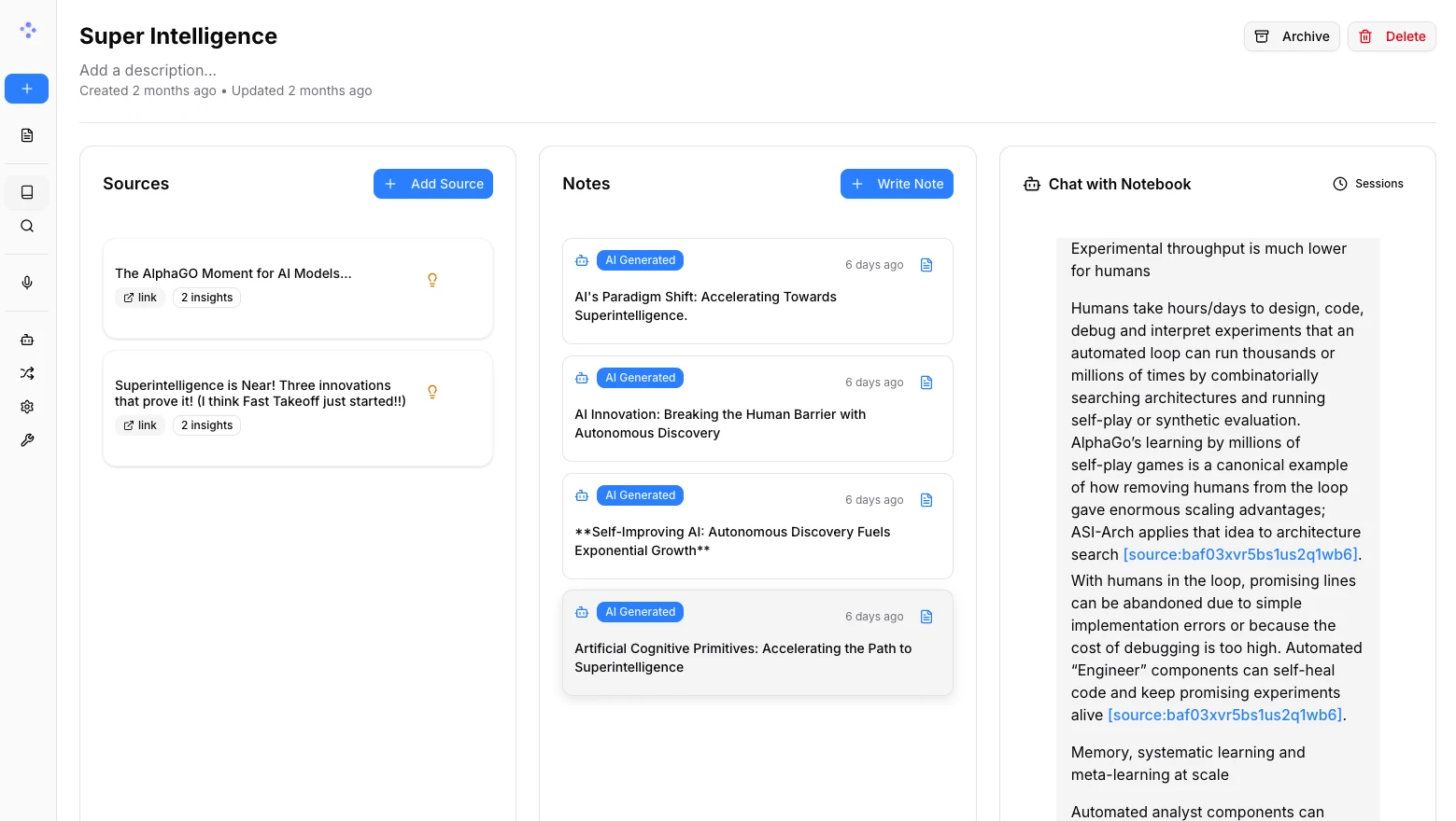 Open Notebook project demo with sources on the left, generated notes in the middle, and source identifiers in the chat answer on the right