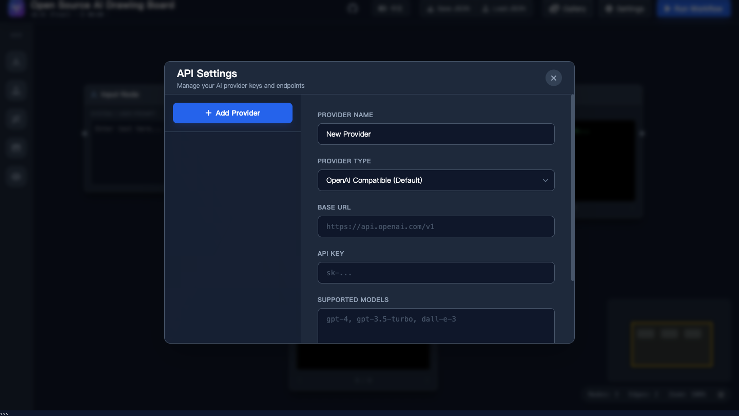 Pinned AI-canvas API settings with empty provider type, base URL, API key, and model fields