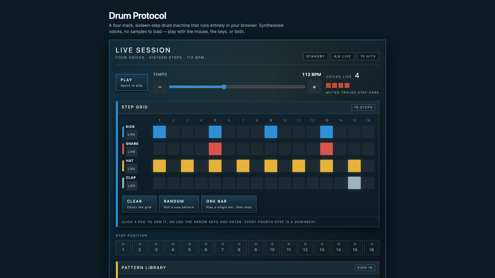 The original Drum Protocol interface at 112 BPM, with a four-track sixteen-step grid and play, tempo and mute controls.