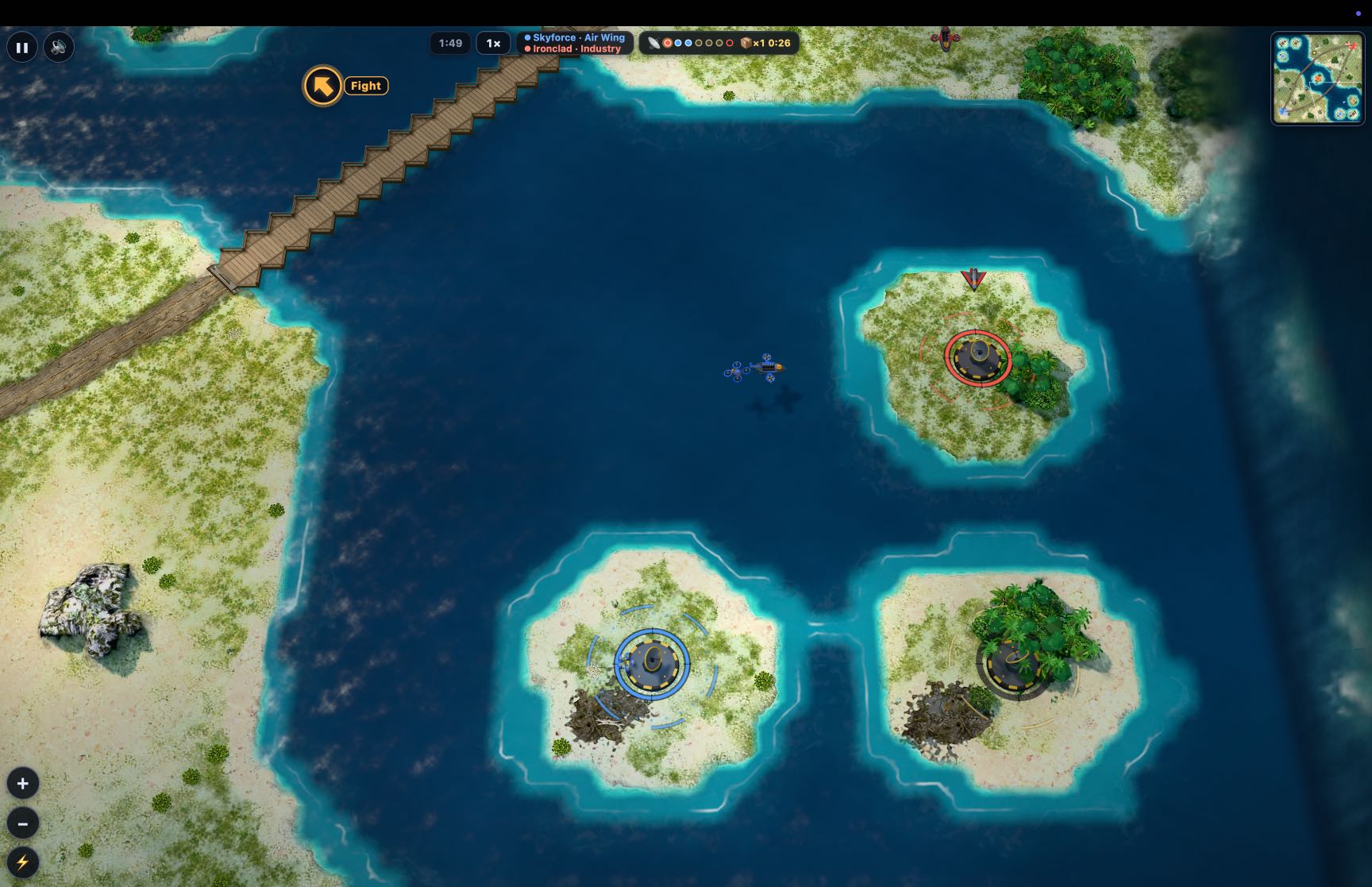 Island objectives in blue and red, with a transport aircraft above the water.