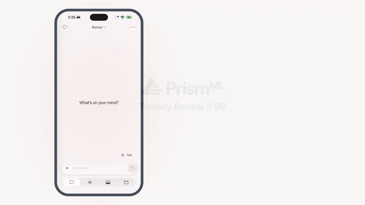 PrismML’s official 9B phone-demo poster: a Bonsai chat home screen and iPhone frame, before any question or answer.