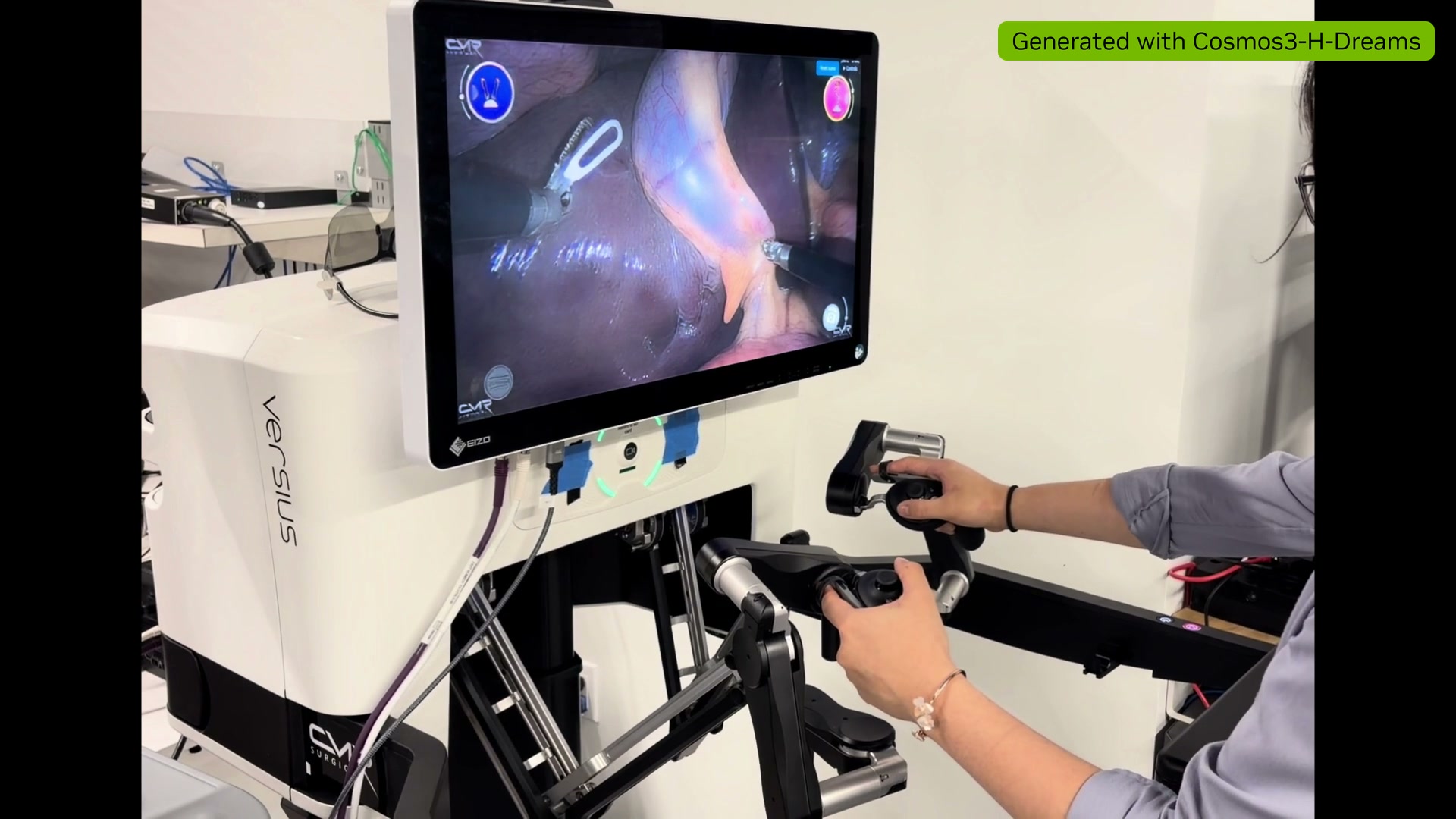 Whole frame at 14 seconds in the authors’ demo: an operator holds two controllers beside a display showing labelled generated surgical imagery.