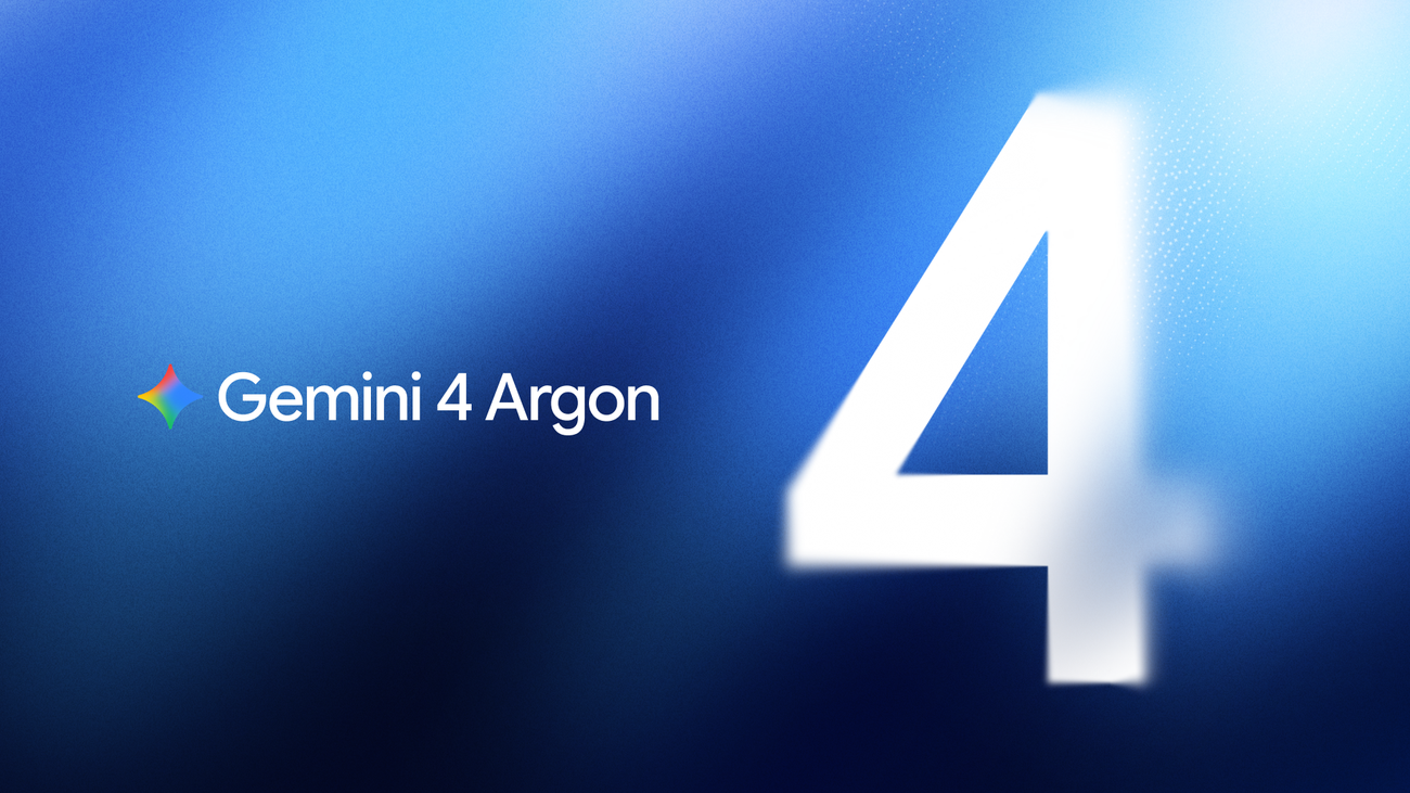 Google's official Gemini 4 Argon announcement artwork, showing the model name and a large 4 on blue.