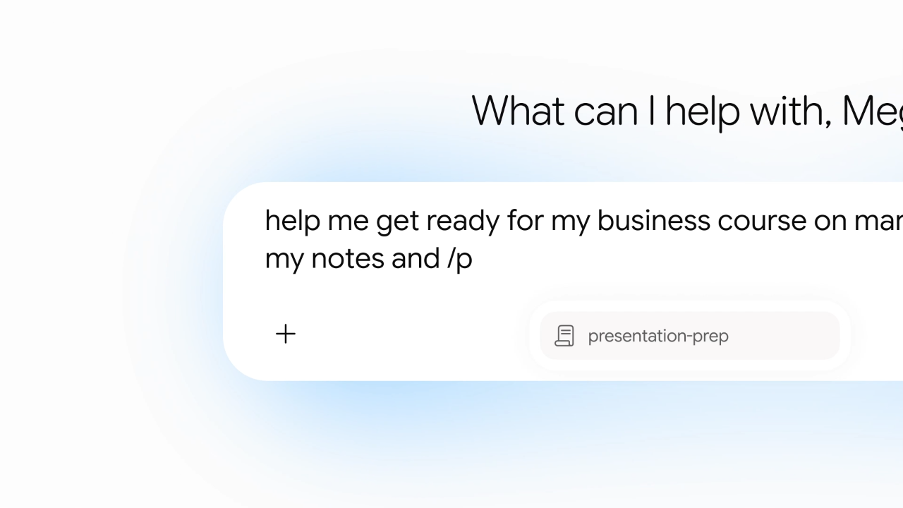 Google's demonstration shows the presentation-prep skill offered after /p is entered in a Gemini prompt.