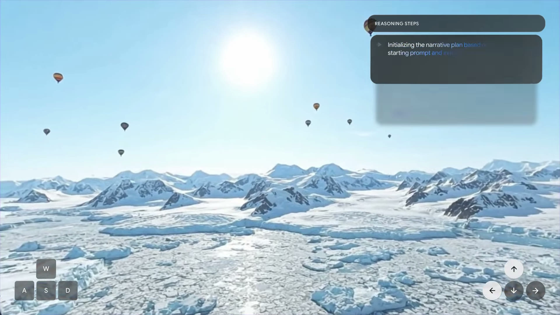 A frame from the official first-person hot-air balloon demo over ice fields: a WASD key cluster sits bottom-left, directional buttons on the right, and a REASONING STEPS panel top-right.