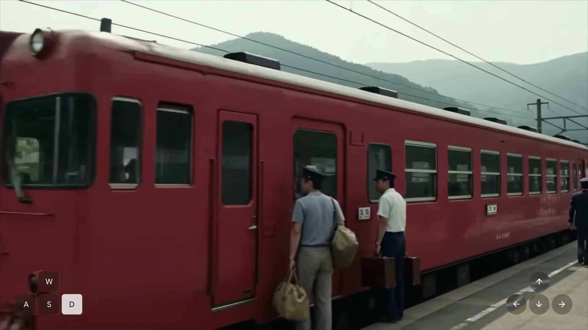A frame from the official station demo: a red single railcar at a rural platform, two men with luggage by its door, forested hills and catenary wires behind; movement controls sit at the lower corners.