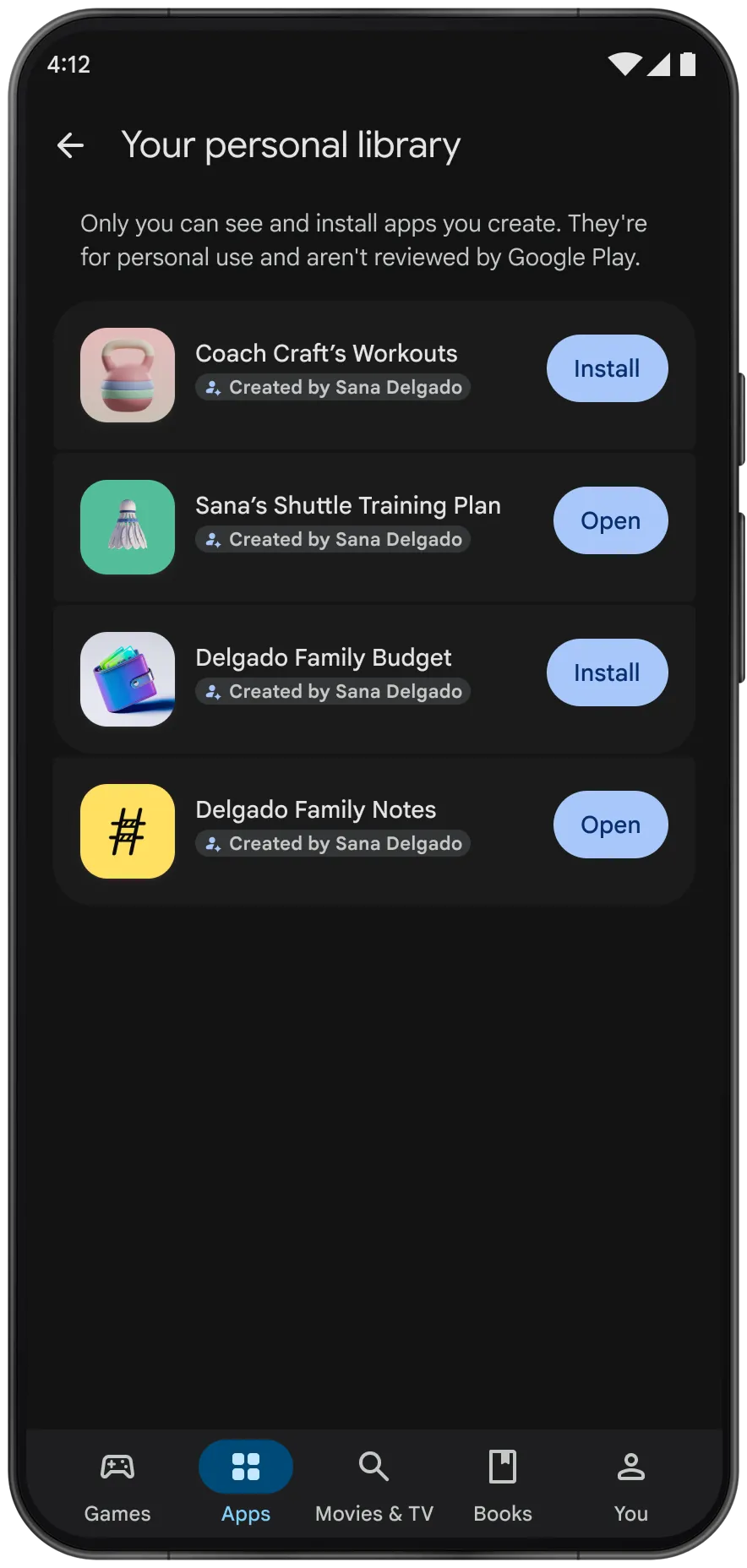 Official simulated phone interface. The heading says only the creator can see and install these personal apps, which are not reviewed by Google Play. Four sample training, budget and family-note apps follow.