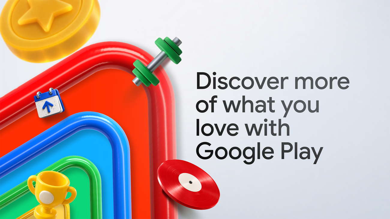 Google Play 本次发布的官方主题图：彩色层叠形状、日历、哑铃、奖杯与唱片，不是应用安装界面。