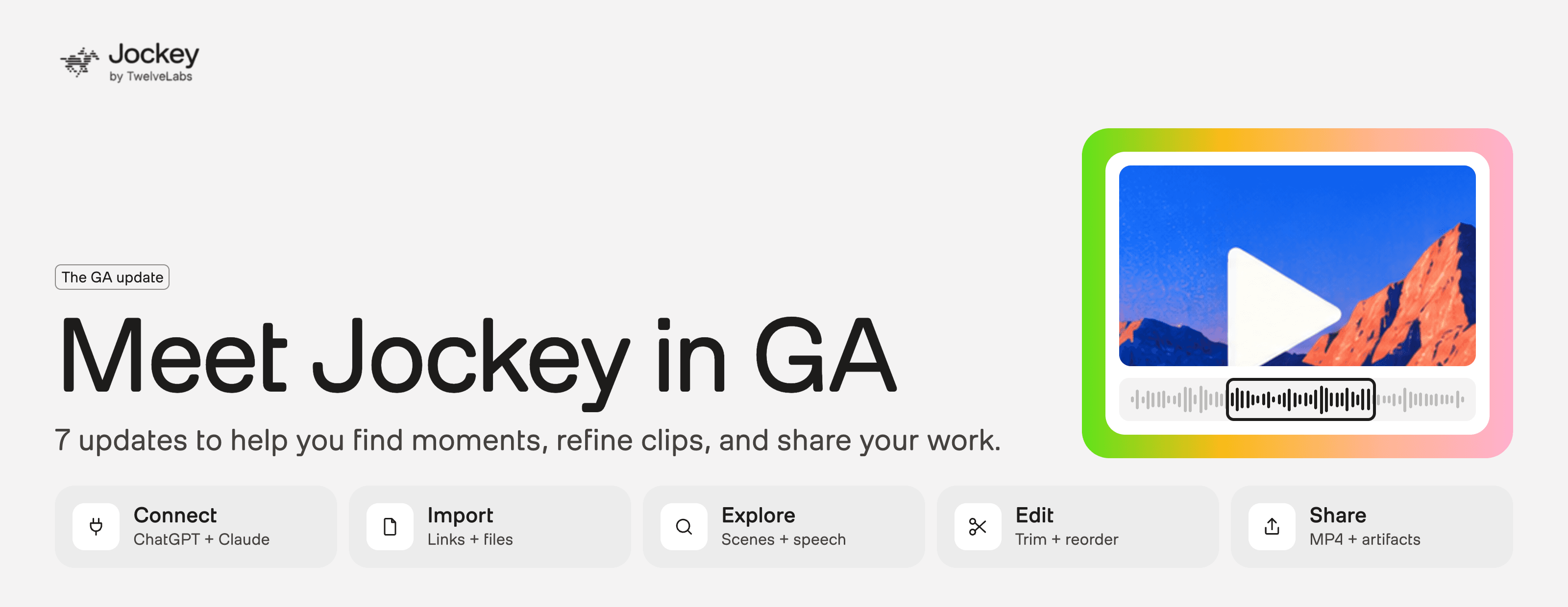 Jockey’s official GA artwork, with a video and waveform symbol and five stages: connect, import, explore, edit and share.