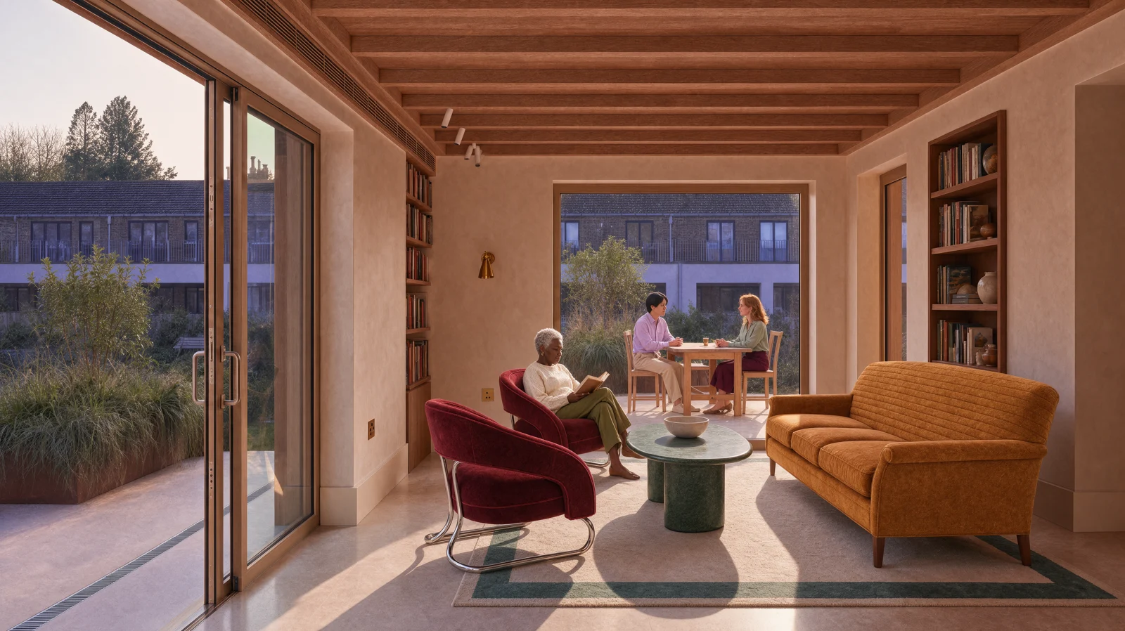 Krea 3’s official edited living room, with a mustard sofa, burgundy chairs and a green-stone coffee table.