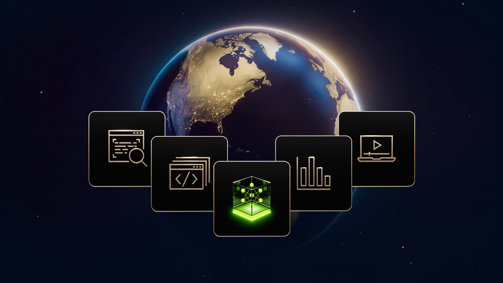 NVIDIA launch artwork: document, code, chart and video icons surround a model graphic before a globe.