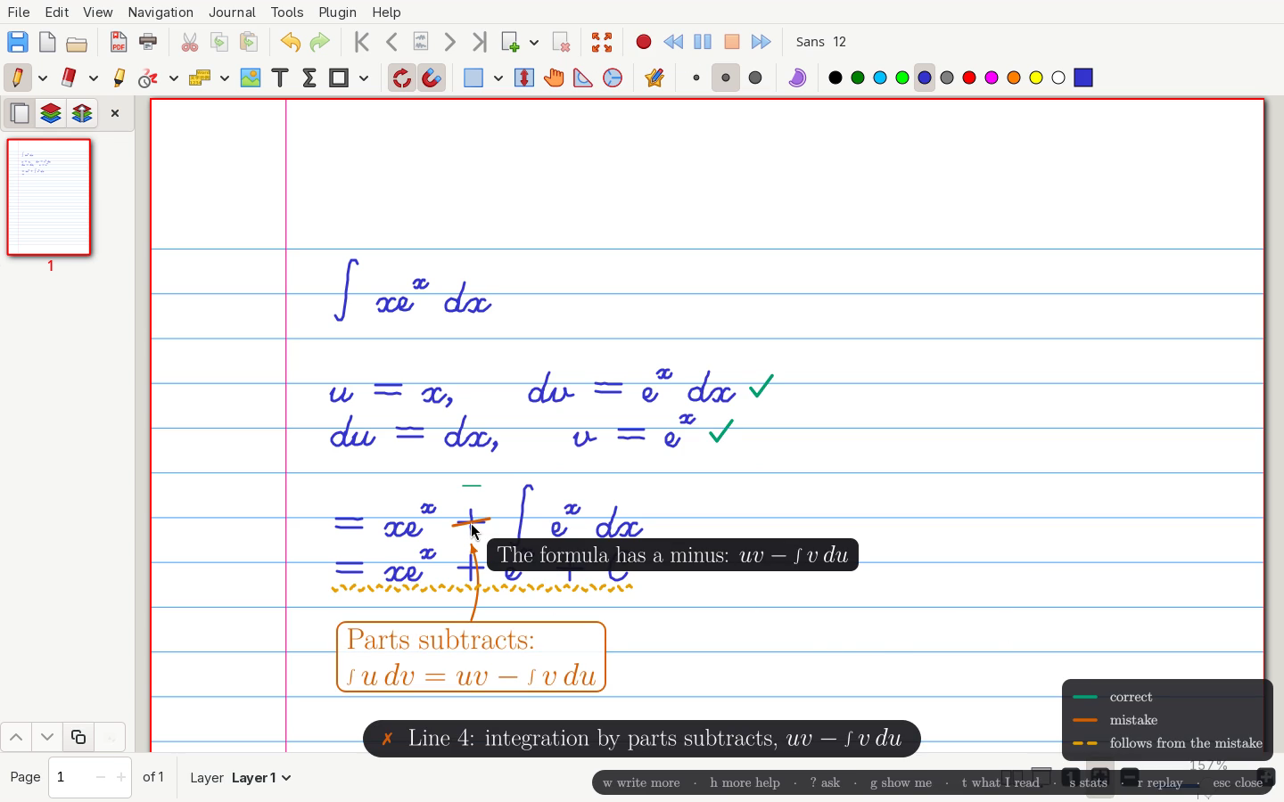 Original Penmentor demo frame: a plus sign in handwritten integration by parts is marked, correct steps have green ticks and a later affected line has a yellow underline.