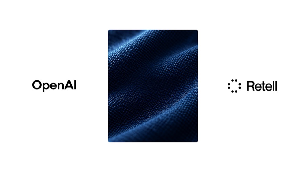 OpenAI 与 Retell 官方客户故事横幅：白底左右两侧品牌字标，中间深蓝声学织物。