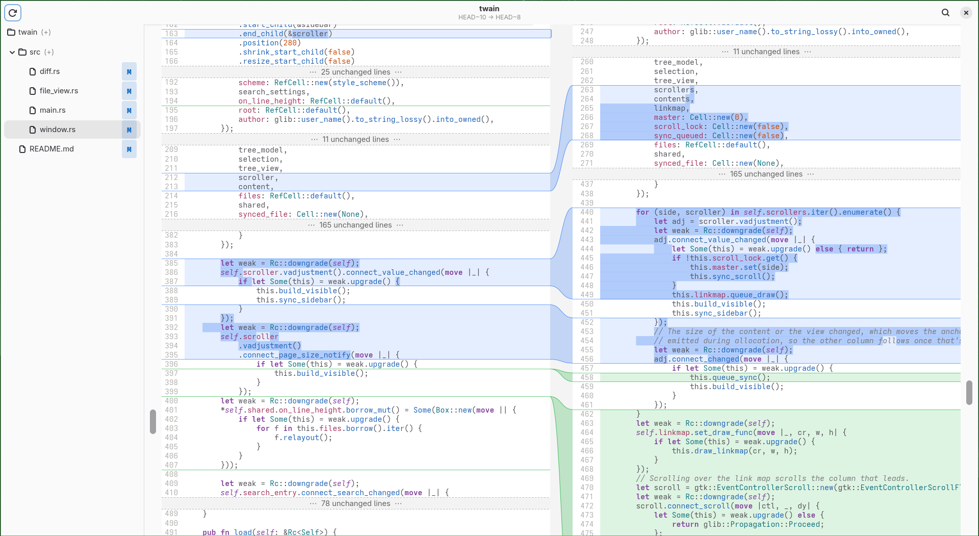 The maker’s Twain screenshot: a file tree beside old and new code, with lines connecting changes.