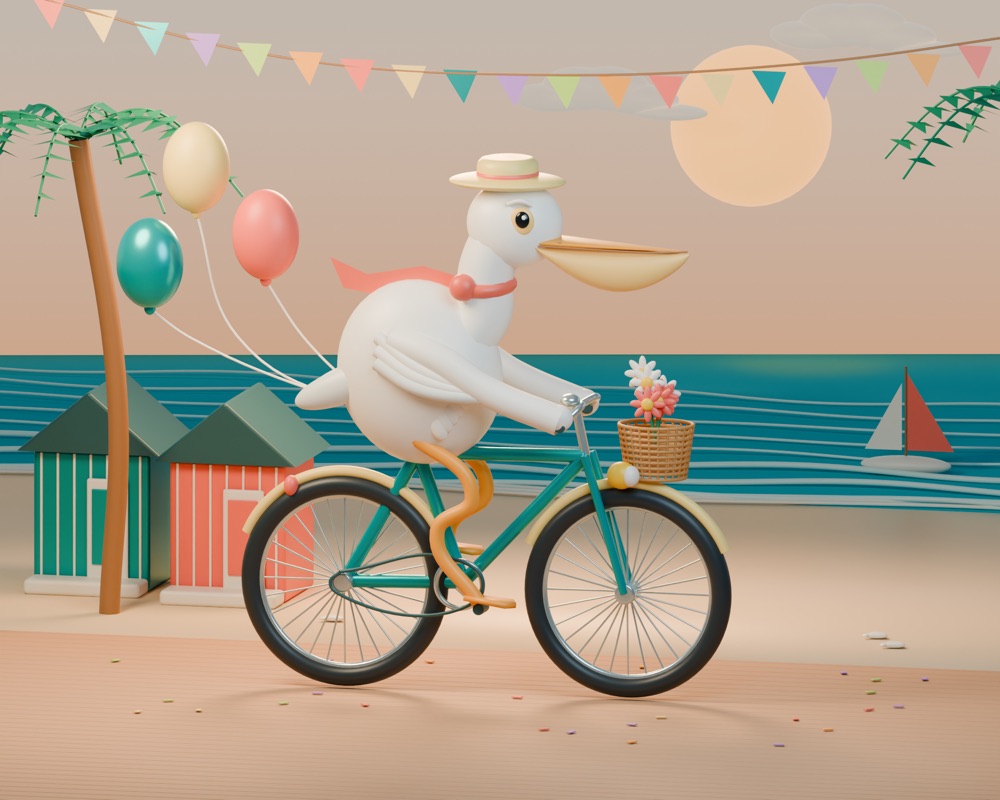 A pelican cycling scene made with Astra in Blender