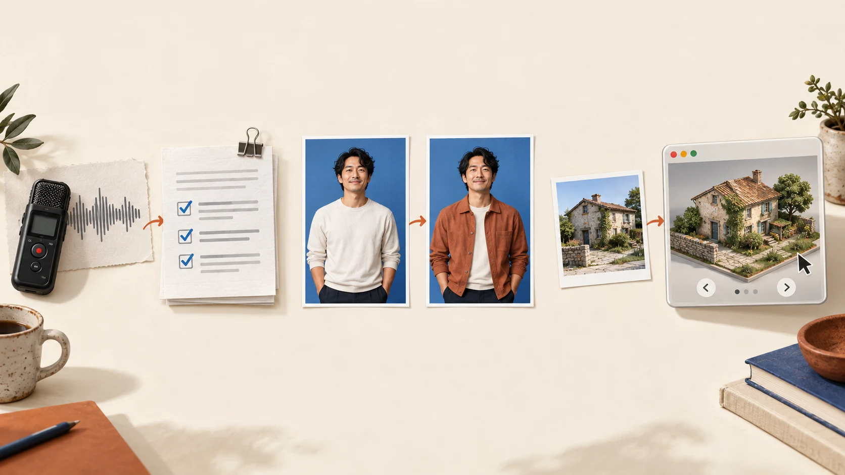 Three illustrated transformations: audio into action notes, a targeted photo edit, and a house photo into an explorable website