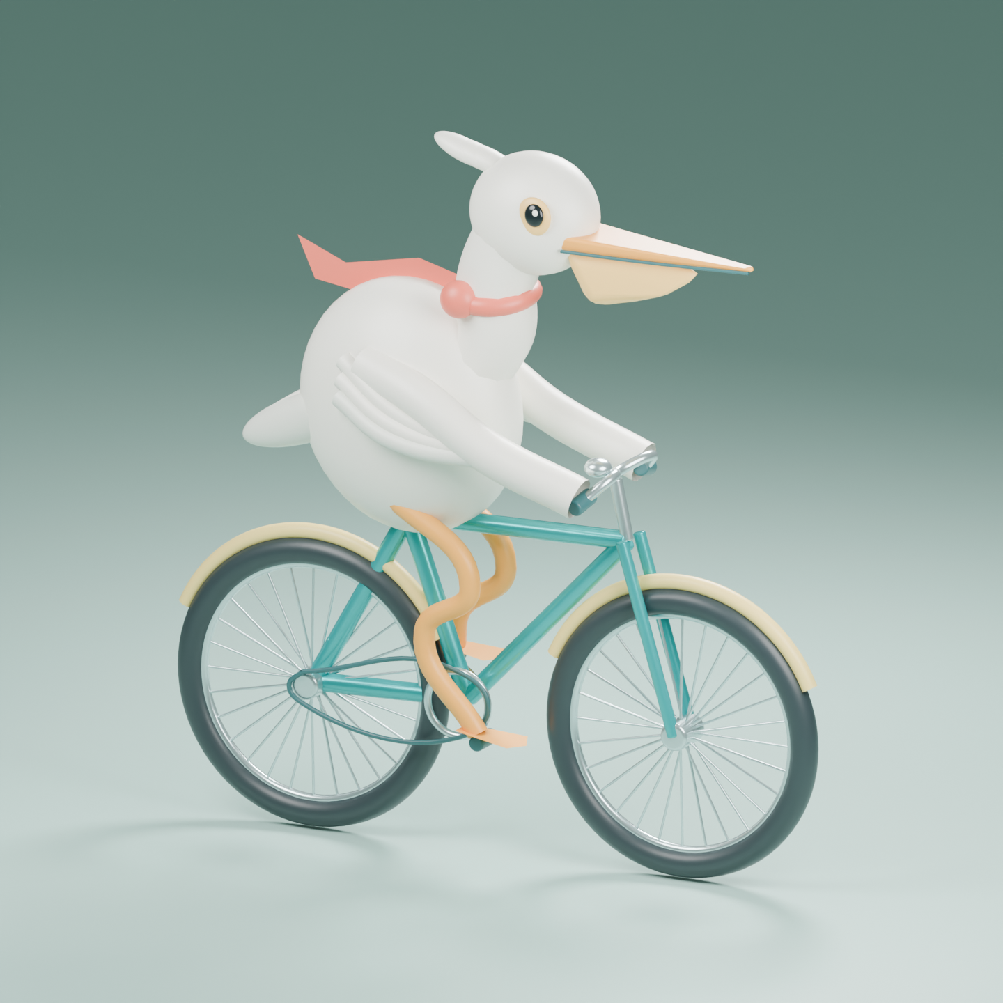 First Blender render: a scarf-wearing pelican rides a bicycle against a simple background.