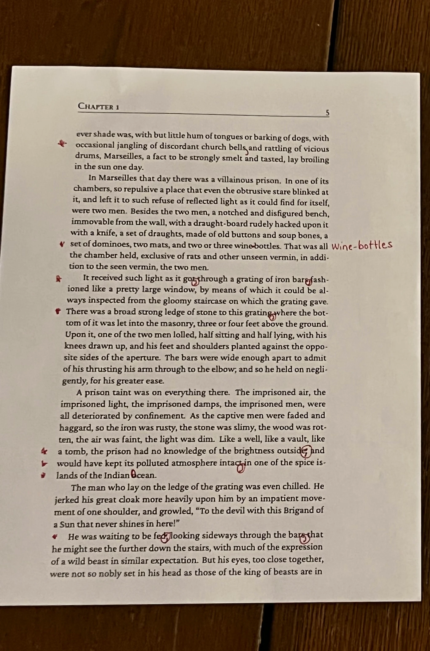 Little Dorrit Editor sample 001: handwritten edits on an English printed page, including a hyphen in wine bottles and punctuation after fed near the bottom.