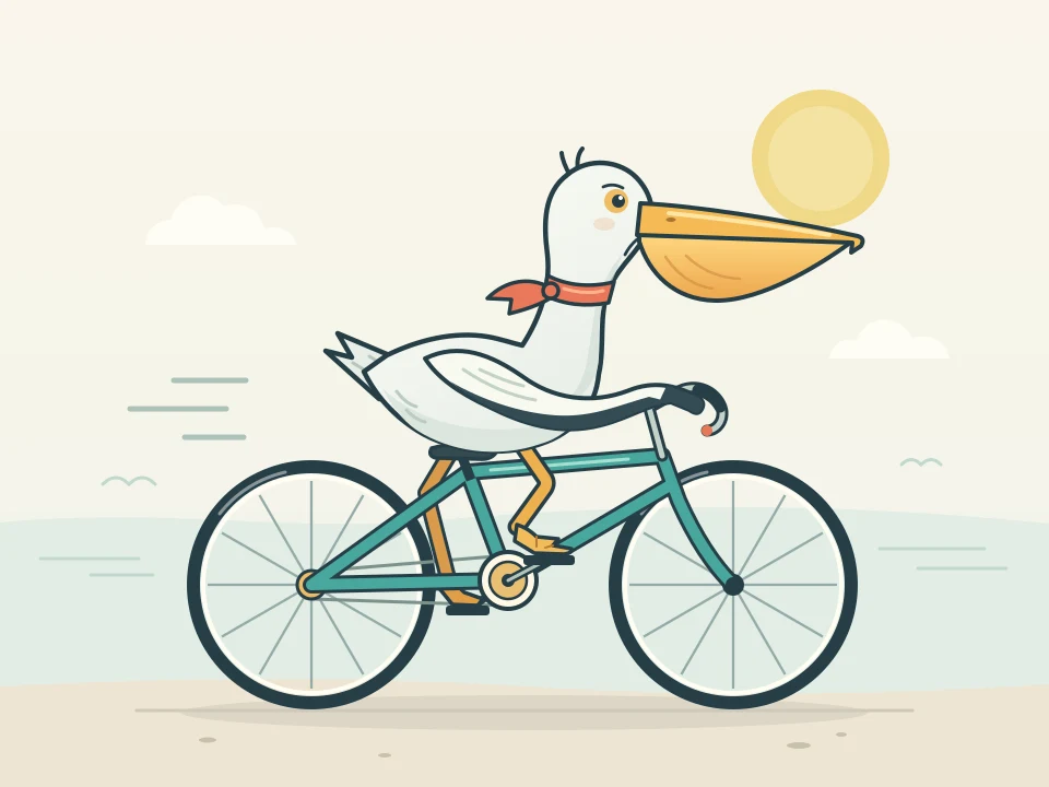 Astra max SVG example: a scarf-wearing pelican rides a teal bicycle; the near leg overlaps the frame and the far leg is partly obscured.