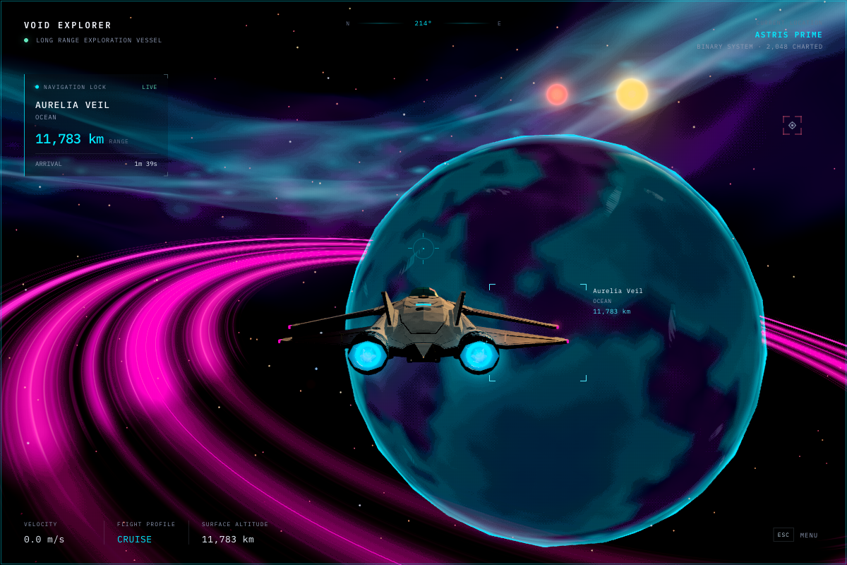 Actual Void Explorer orbital view: a ship faces a cyan ringed planet, with Aurelia Veil selected about 11,783 km away and velocity at zero.