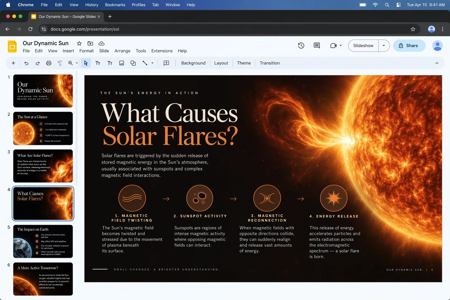An OpenAI image-creation example showing a solar-flare presentation.