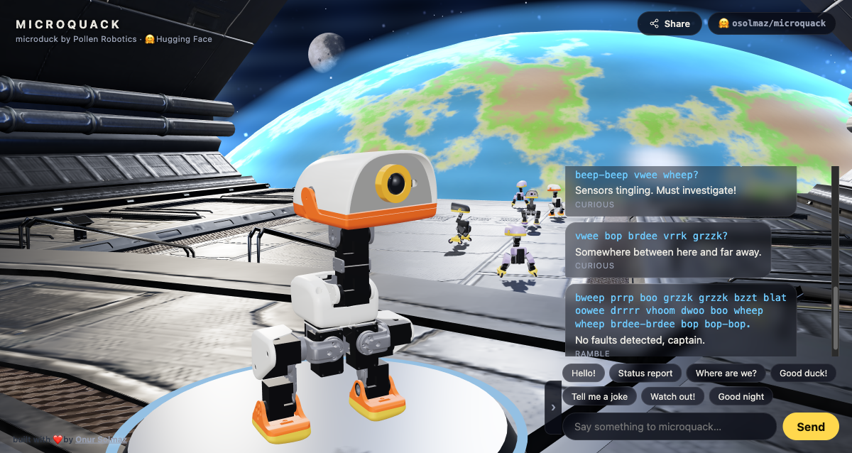 Screenshot of the microquack browser work: a robot in a space scene, alongside a message panel with interaction text.