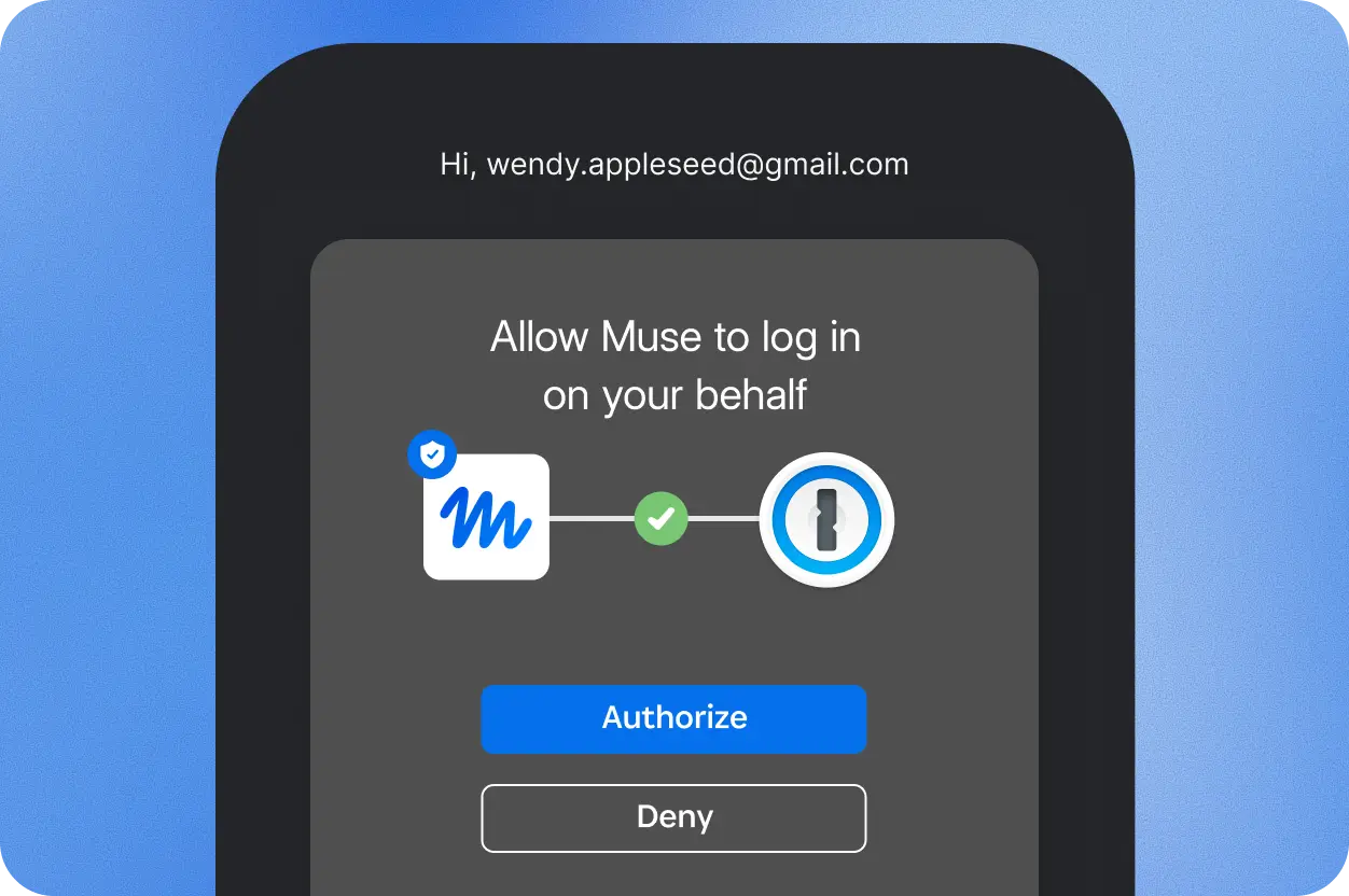 Official 1Password illustration: allow Muse to sign in, with Authorize and Deny choices.