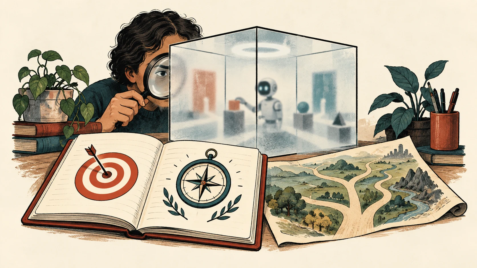 A target card, compass and branching map beside a person observing an abstract model through frosted glass.