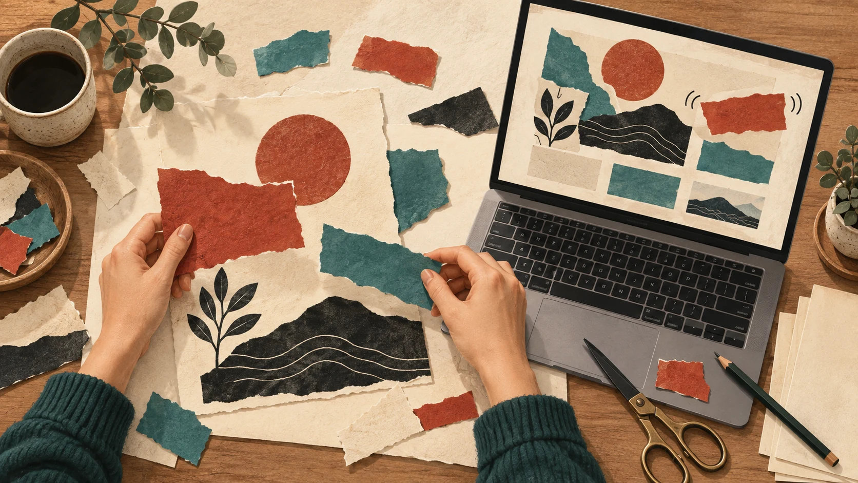 Hands arrange torn-paper design fragments beside a matching abstract digital homepage composition.